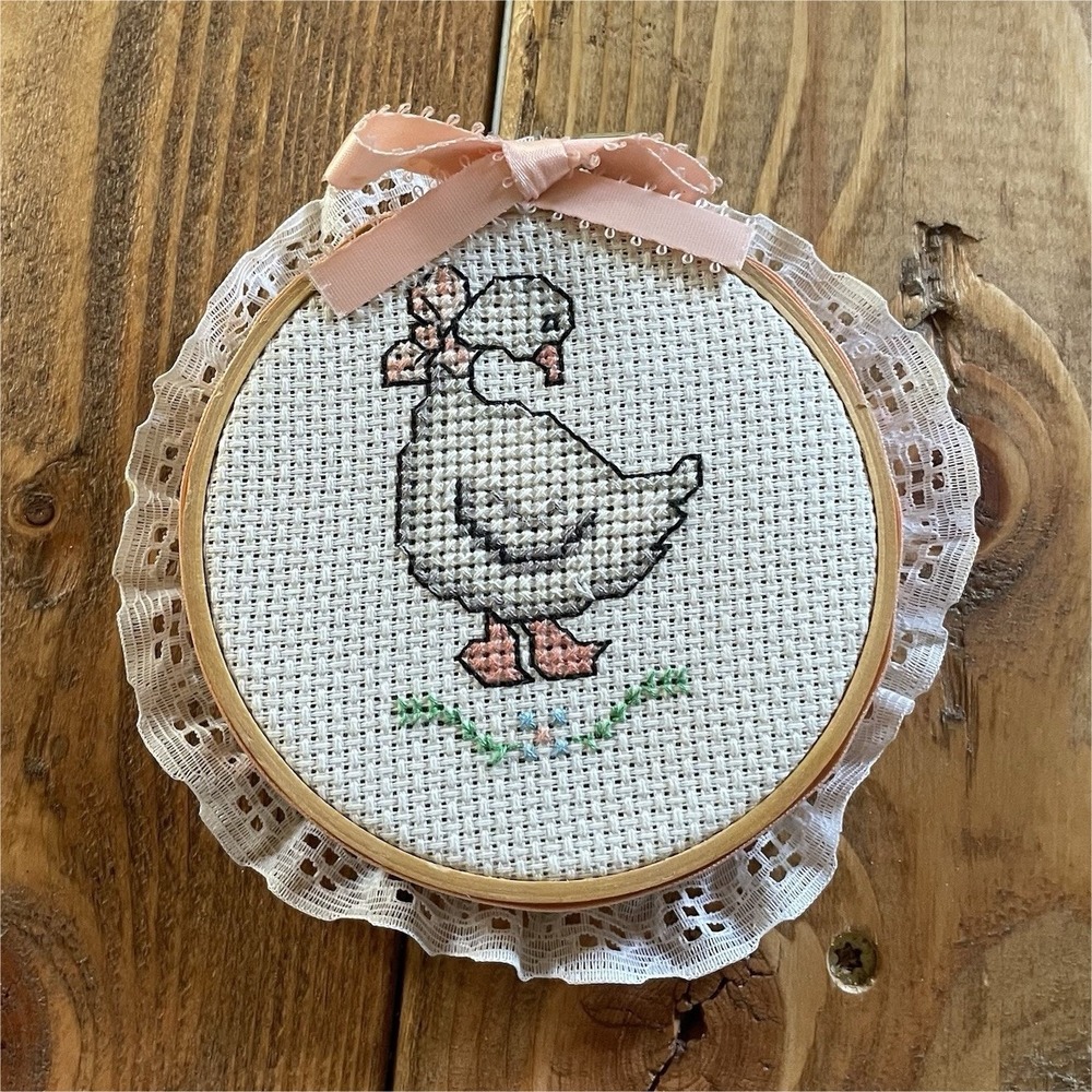 Vintage Goose with Ribbon Cross Stitch small Embroidered Hoop 4-5"